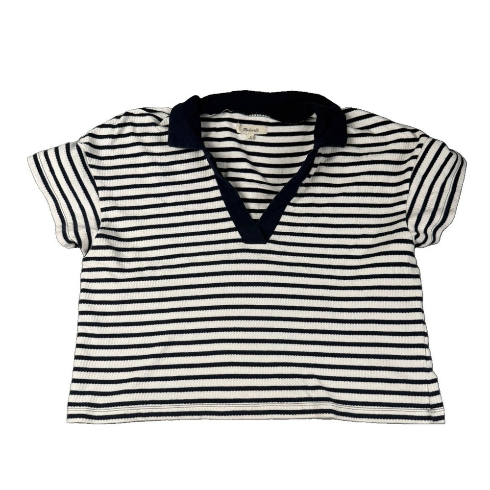 Madewell Polo Shirt Womens S Navy White Striped Textured Cropped Short Sleeve